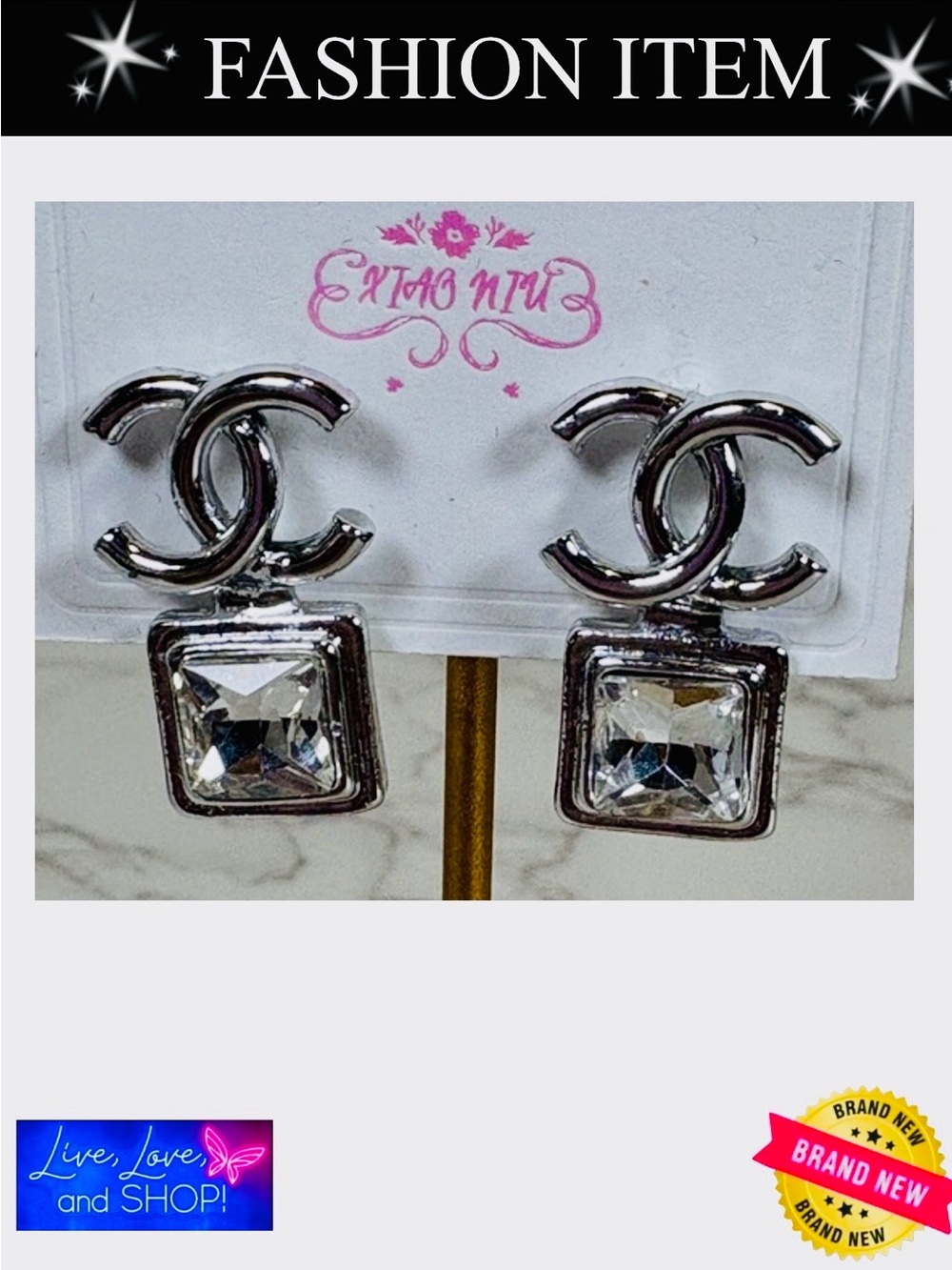 EARRINGS: Silver CC w/Large Luminous Rhinestones, NWOT